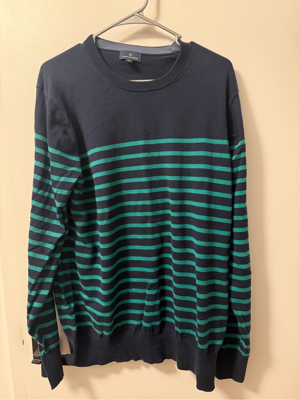 Brooks Brothers Navy and Teal Striped Crewneck Sweater
